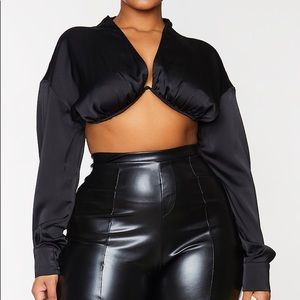 Plus Black Cup Detail Satin Long Sleeve Crop Top